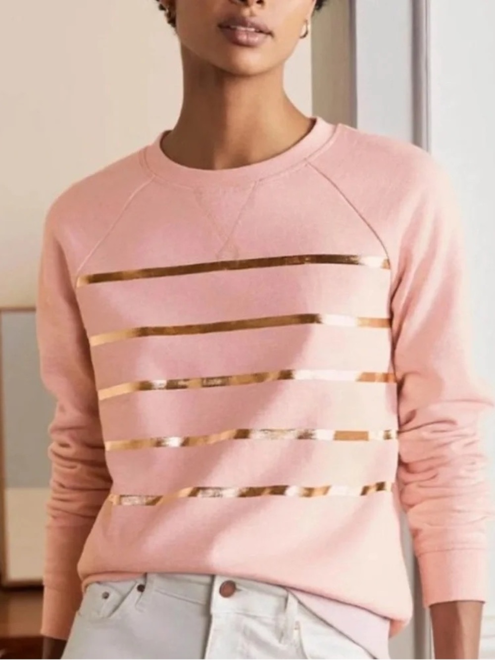 Boden Pink Crewneck Sweater with Gold Stripes
